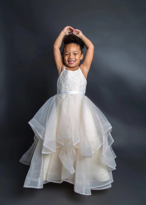 Spaghetti Straps Ivory Lace Organza Ruffled Flower Girl Dress